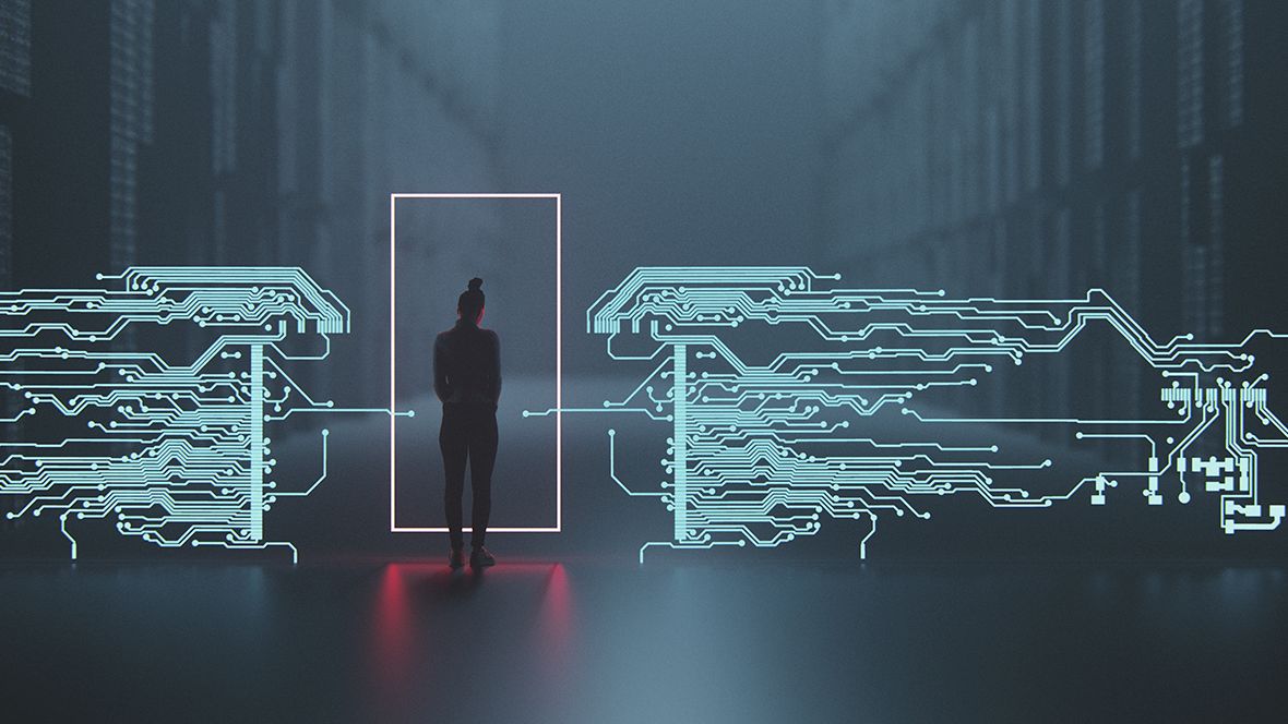 Eine Frau steht inmitten von Datenströmen. Der Datenschutz wird durch einen Rahmen symbolisiert, der die Frau umgibt. Eine Frau steht inmitten von Datenströmen. Der Datenschutz wird durch einen Rahmen symbolisiert, der die Frau umgibt.