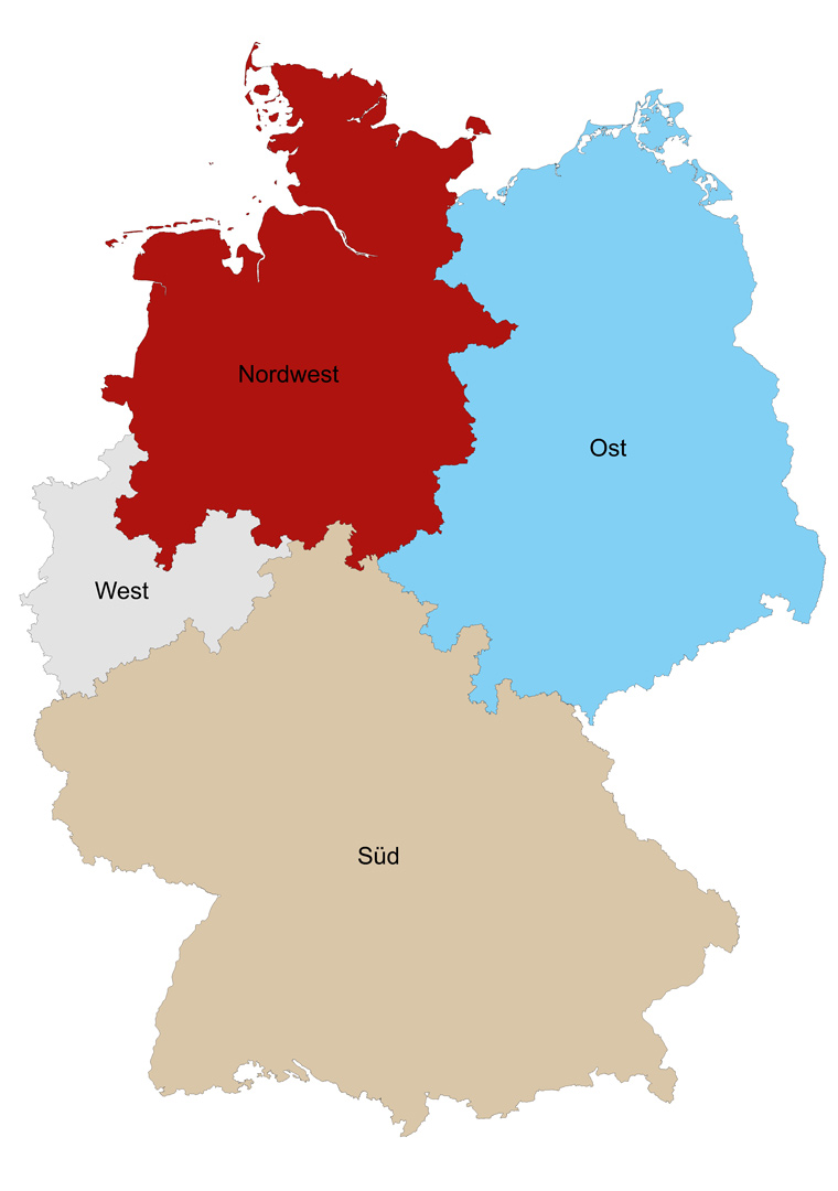 Eine Deutschlandkarte mit den Vertriebsgebieten Nordwest, West, Ost und Süd Eine Deutschlandkarte mit den Vertriebsgebieten Nordwest, West, Ost und Süd