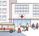 Eine Szene vorm Krankenhaus.