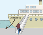 Ein Mann betritt ein Schiff.