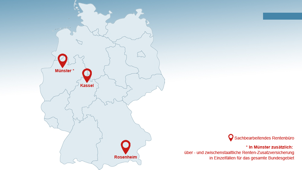 Deutschlandkarte mit den drei markierten Orten Münster, Kassel und Rosenheim. Hier befinden sich die sachbearbeitenden Rentenbüros der Renten-Zusatzversicherung der Knappschaft-Bahn-See. Deutschlandkarte mit den drei markierten Orten Münster, Kassel und Rosenheim. Hier befinden sich die sachbearbeitenden Rentenbüros der Renten-Zusatzversicherung der Knappschaft-Bahn-See.