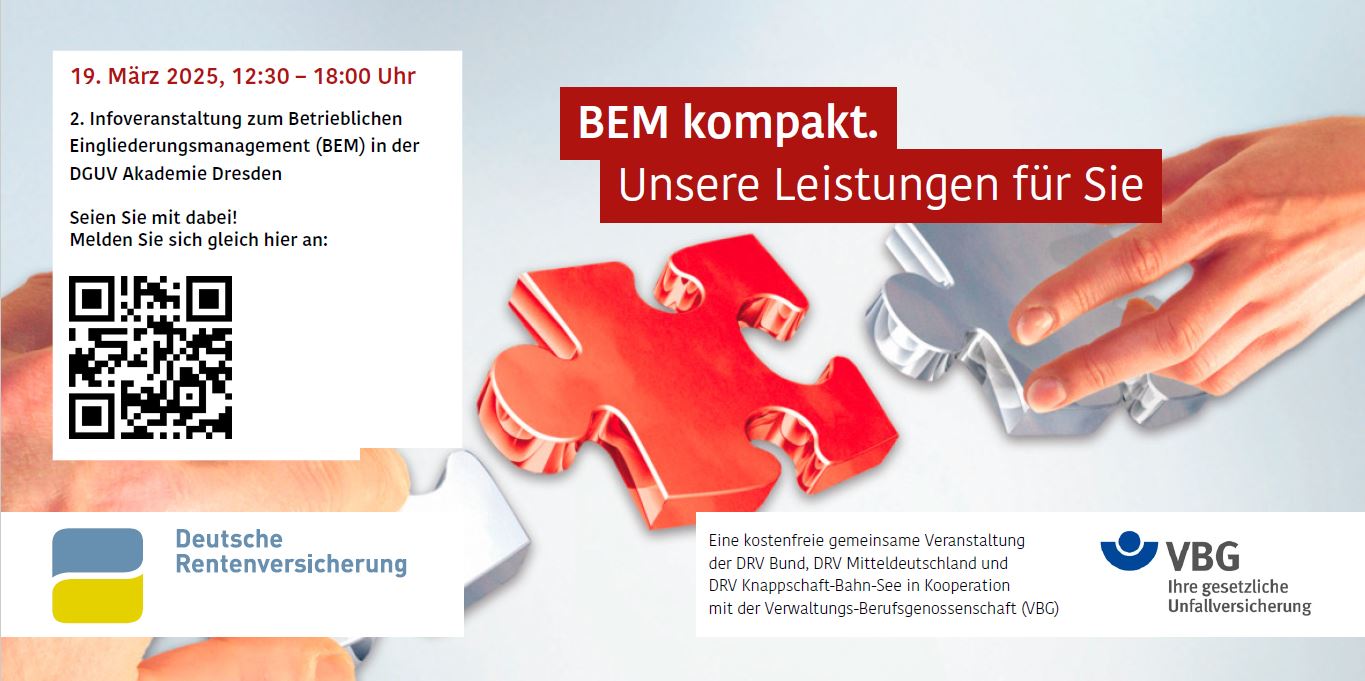 Firmenservice-Veranstaltung "BEM kompakt. Unsere Leistungen für Sie" am 19.03.25 in Dresden Firmenservice-Veranstaltung "BEM kompakt. Unsere Leistungen für Sie" am 19.03.25 in Dresden