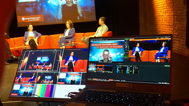 Bild aus der Regie beim Live-Talk der KNAPPSCHAFT "Der Mensch entscheidet, oder? KI, Arbeitswelt und Gesundheit" Bild aus der Regie beim Live-Talk der KNAPPSCHAFT "Der Mensch entscheidet, oder? KI, Arbeitswelt und Gesundheit"